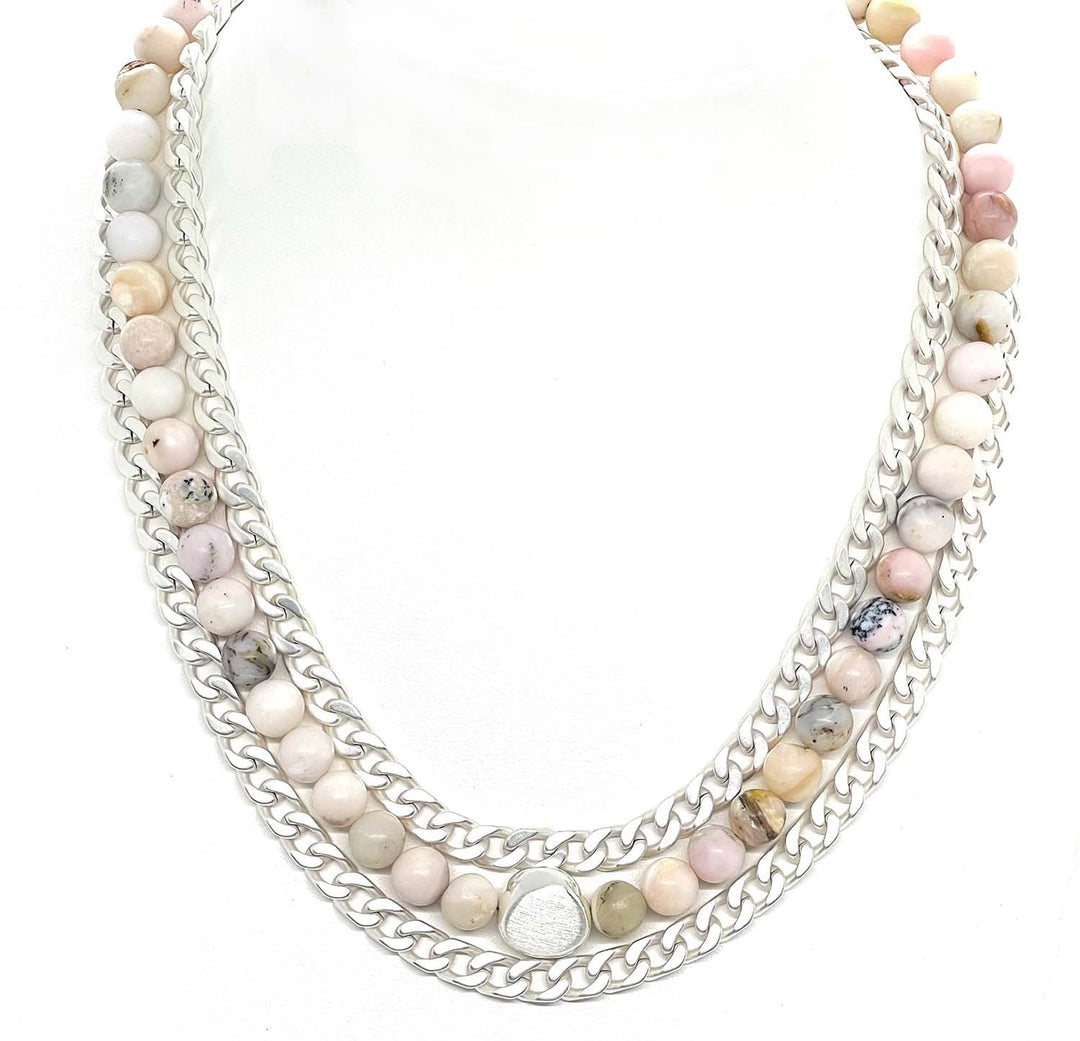 Matte Pink Opal Matte Silver With Curb Chain Three Strand Necklace