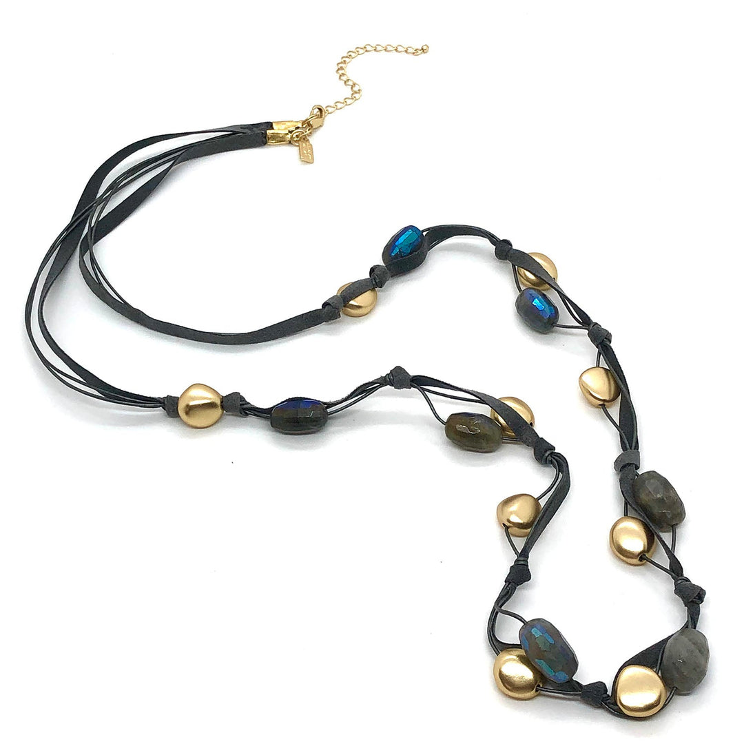 Natural Labradorite Matte Gold Bead Gray Suede Long Layer Necklace