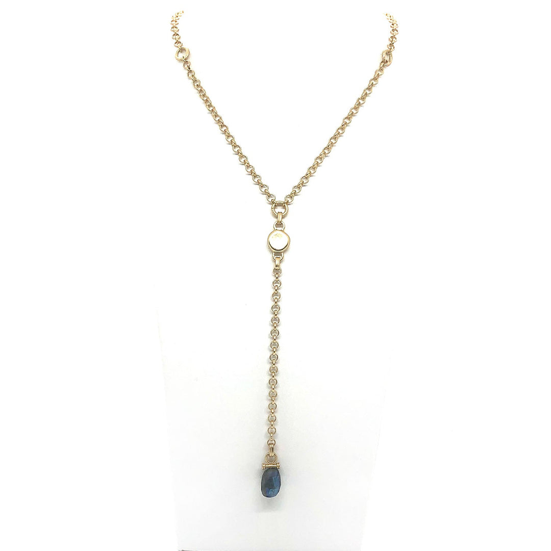 Natural Labradorite Bar Pendant Matte Gold Rolo Chain Y Necklace