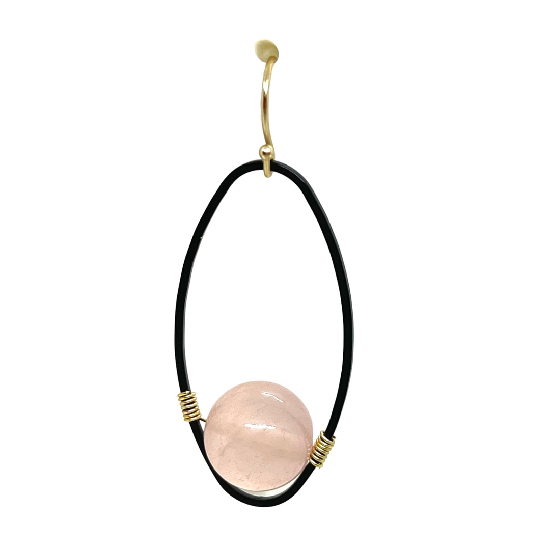 Rose Quartz Matte Black Oval Gold Wrap Earrings
