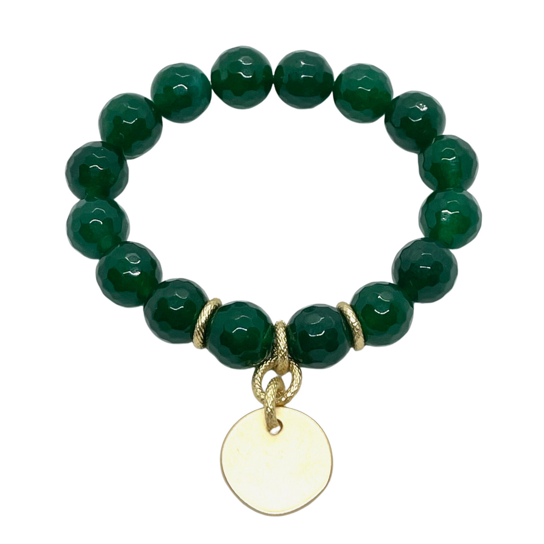 Green Jade Stretch Bracelet With Matte Gold Charm