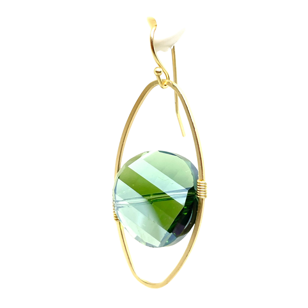Green Crystal Matte Gold Oval Gold Wrap Earrings