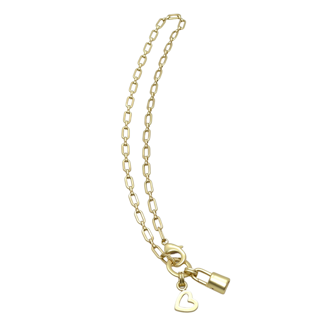 Heart & Lock Pendants on Matte Gold Paperclip Chain