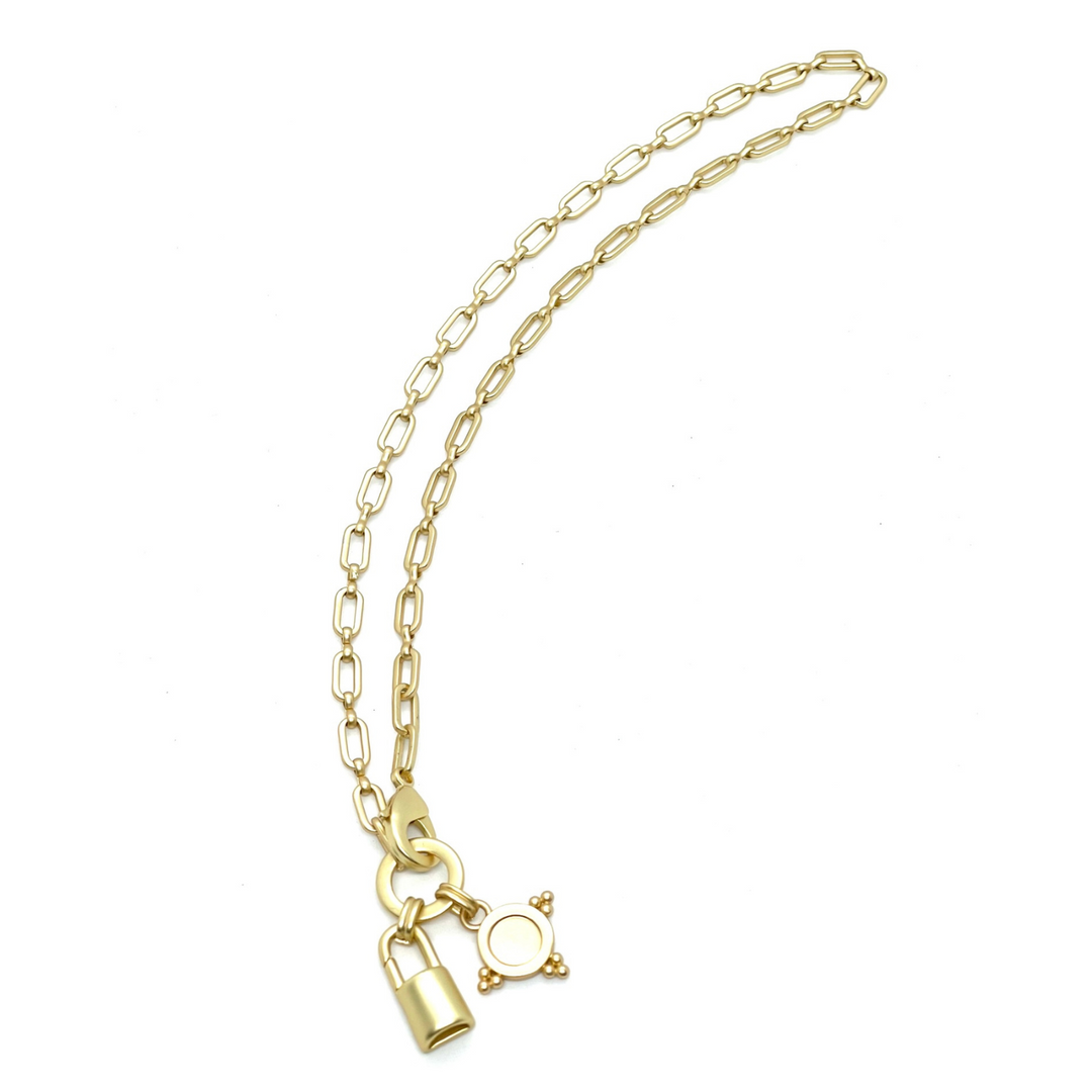 Star & Lock Pendants on Matte Gold Paperclip Chain