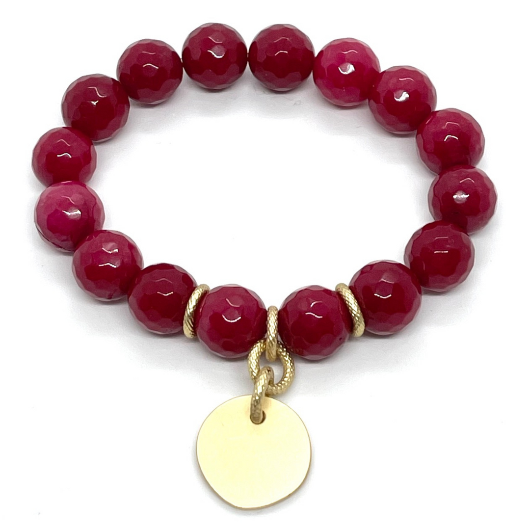 Red Jade Stretch Bracelet With Matte Gold Charm