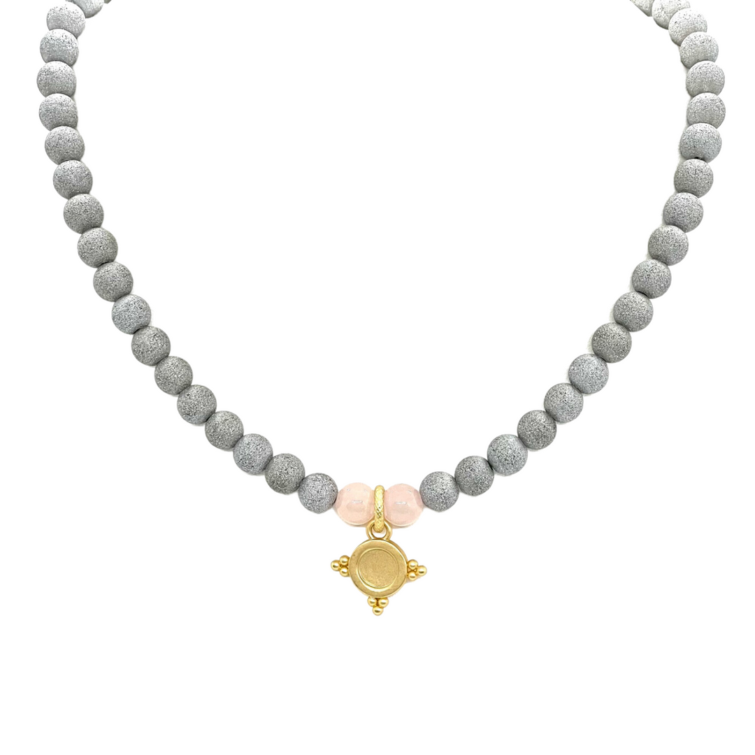 Light Gray Druzy Necklace with Rose Quartz Accents and Small Starburst Pendant