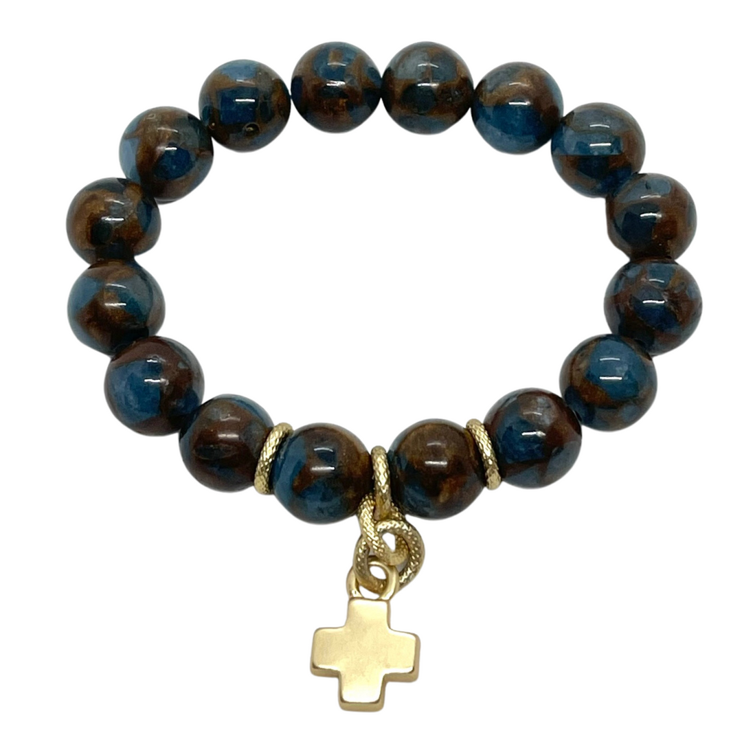 Teal Quartz Stretch Bracelet With Matte Gold Cross
