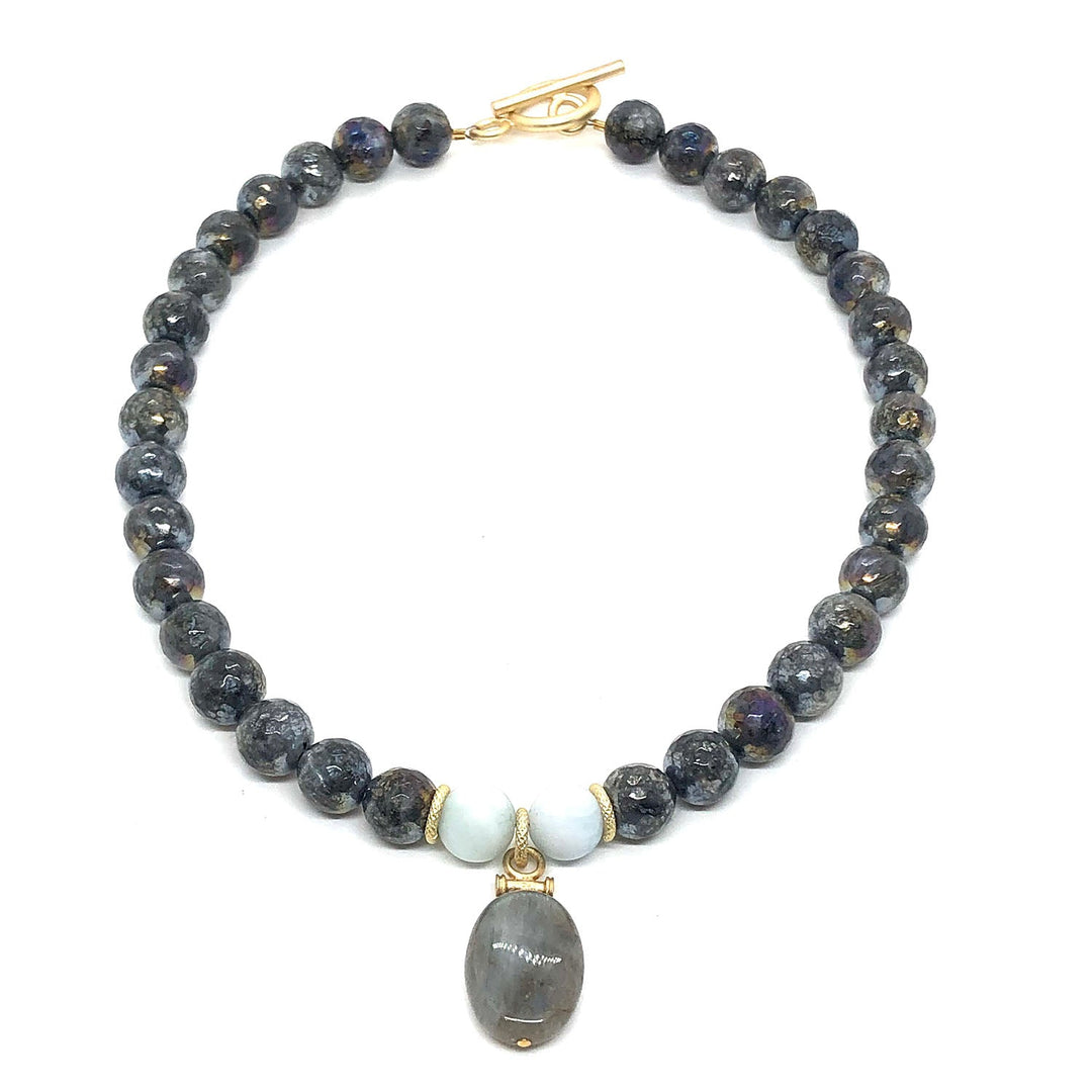 Lavakite And Matte Aqua Marine Oval Bar Pendant Necklace