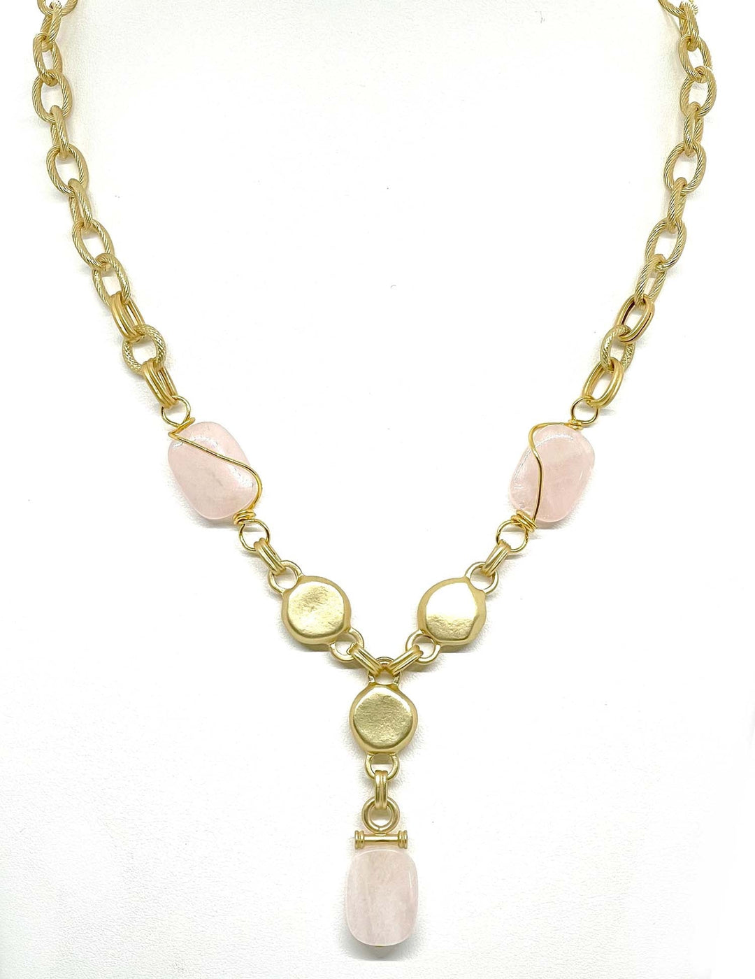 Rose Quartz Matte Gold Linkage Y Necklace