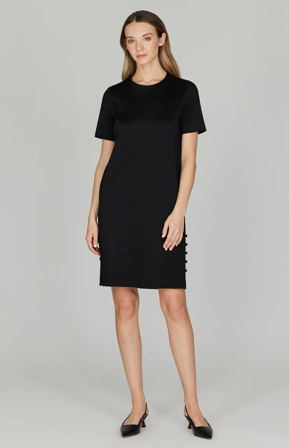 PREORDER Matte Jersey Shift Dress w/ Side Slit Buttons