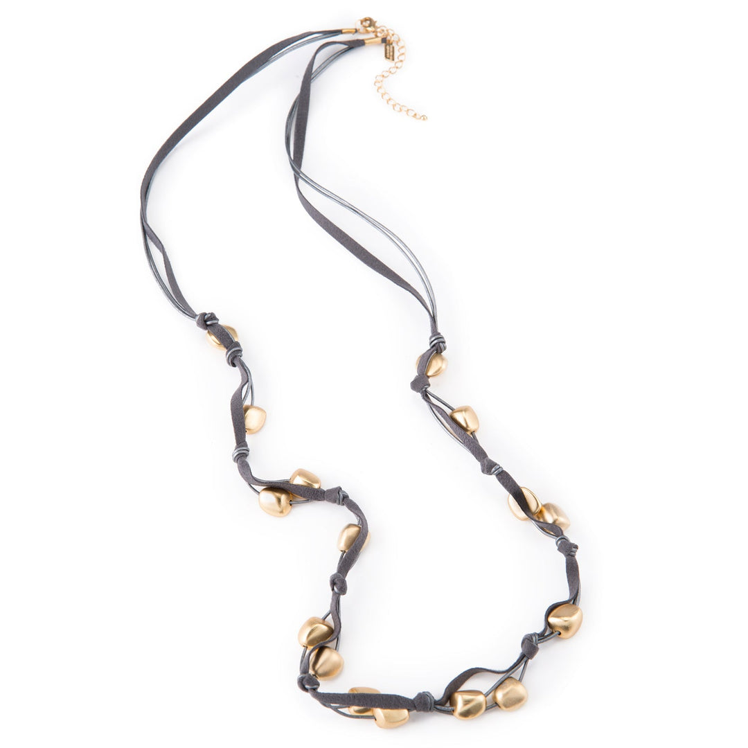 Matte Gold Bead Gray Suede Long Layer Necklace