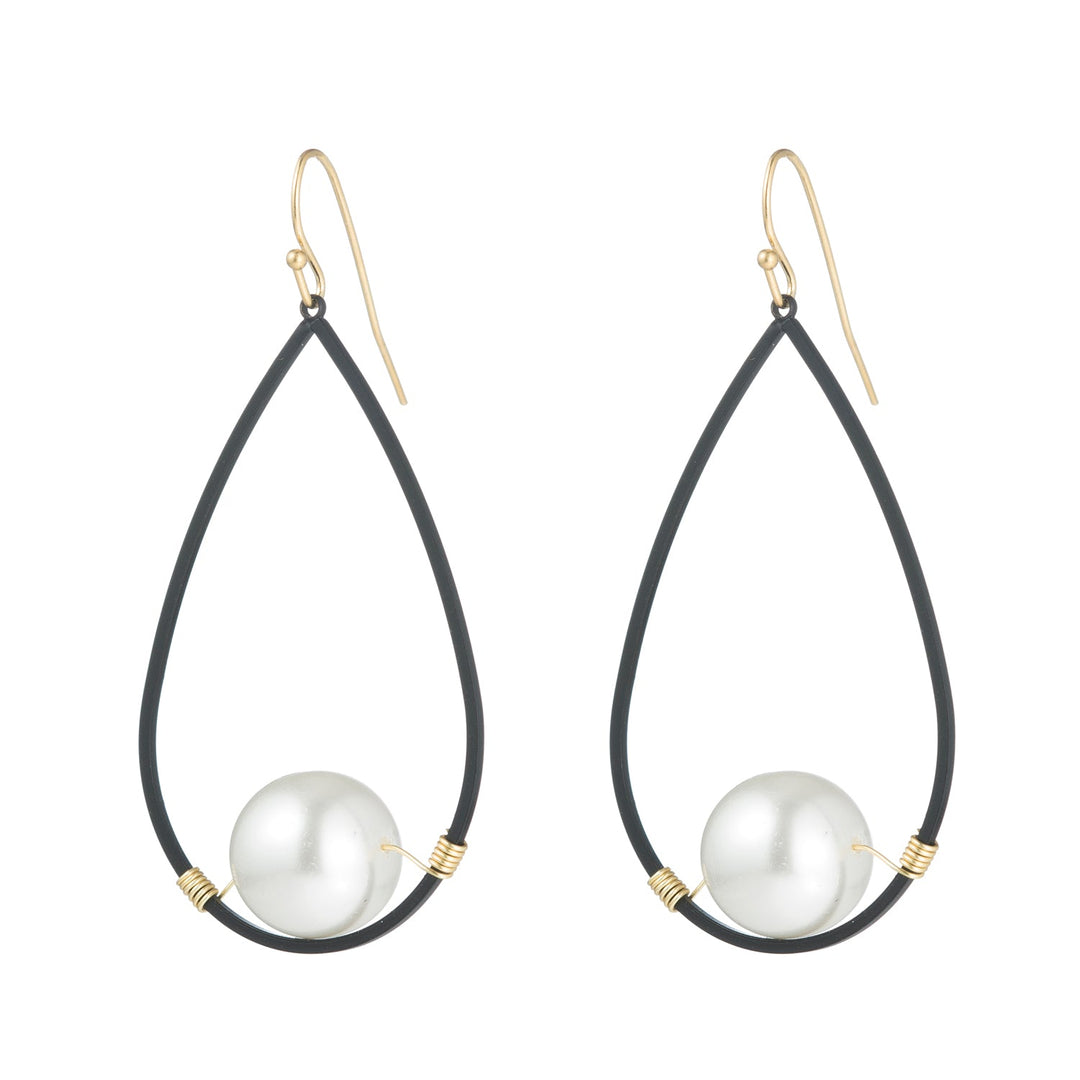 Glass Pearl On Matte Black Teardrop Earring