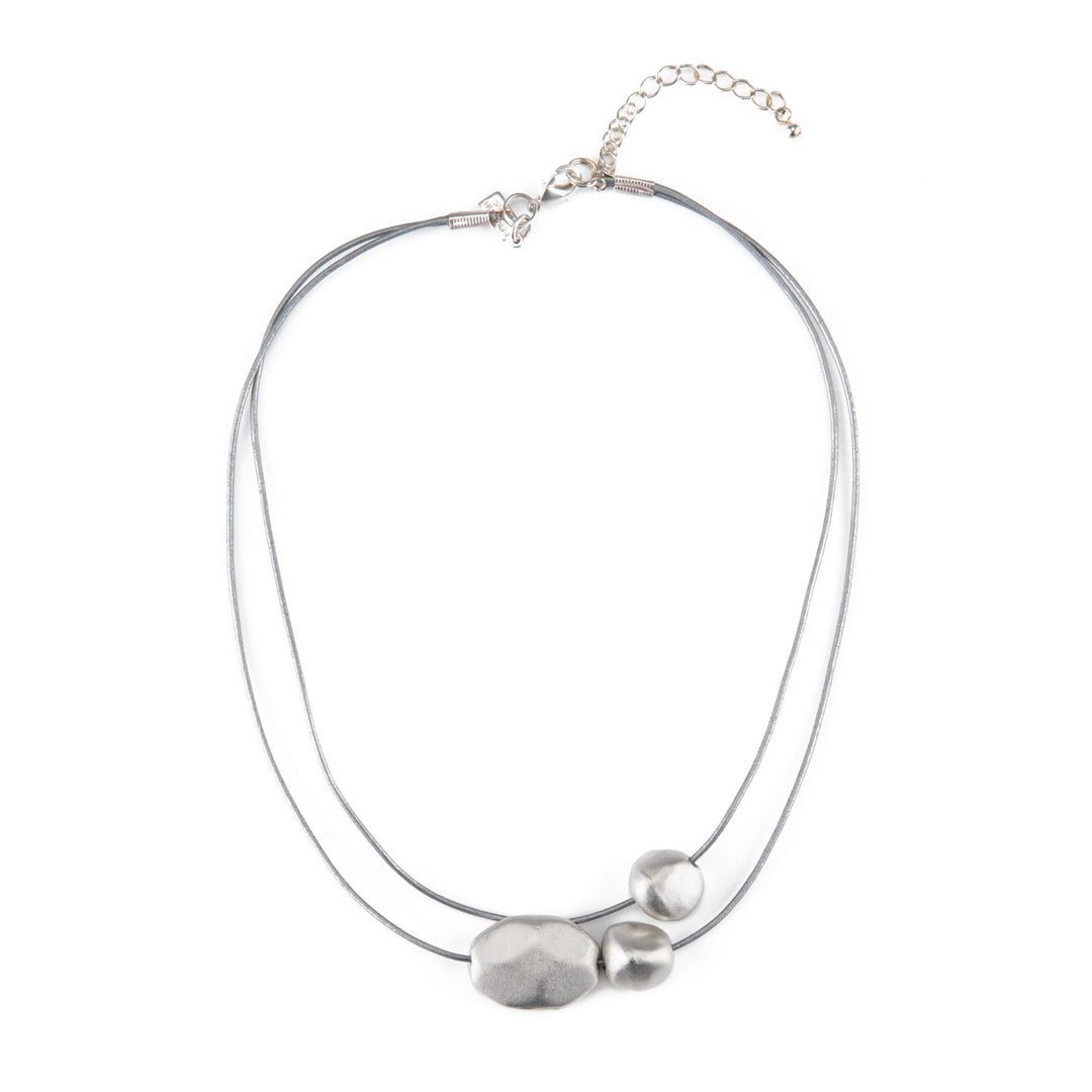 Matte Silver Bead Platinum Leather Graduated Necklace