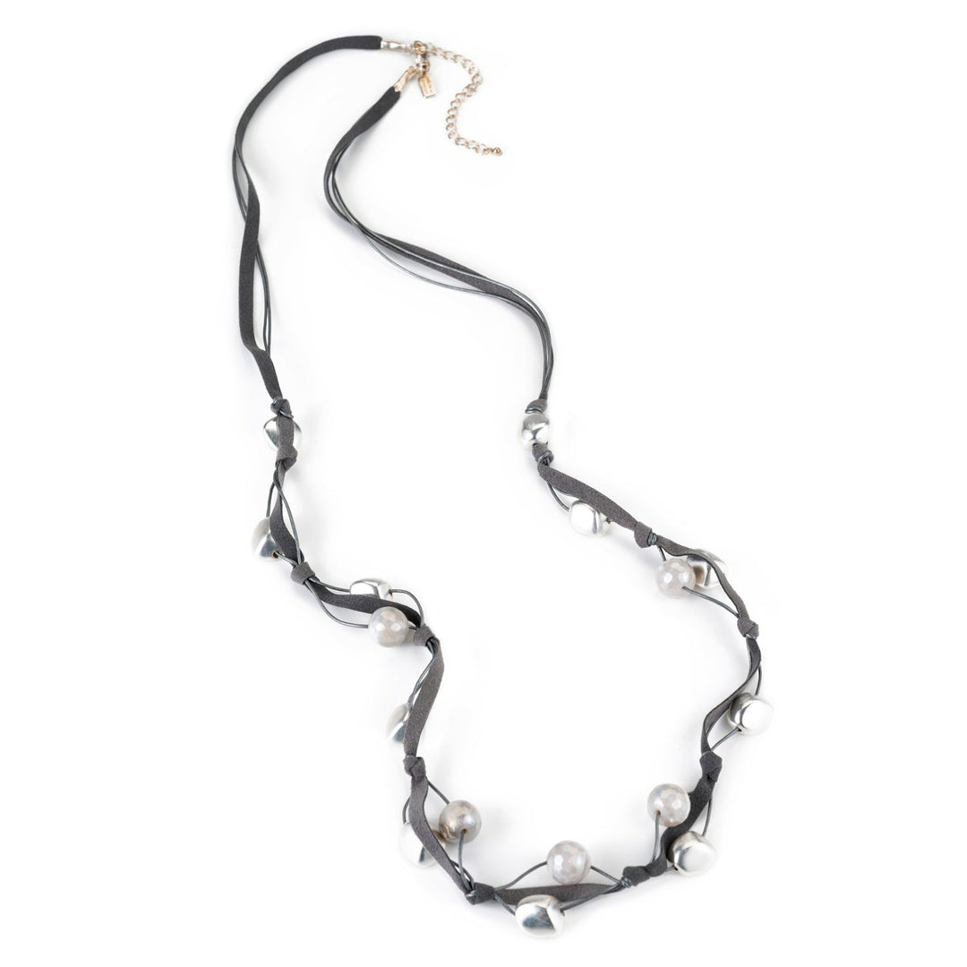 Matte Silver Bead Gray Suede Layer Necklace