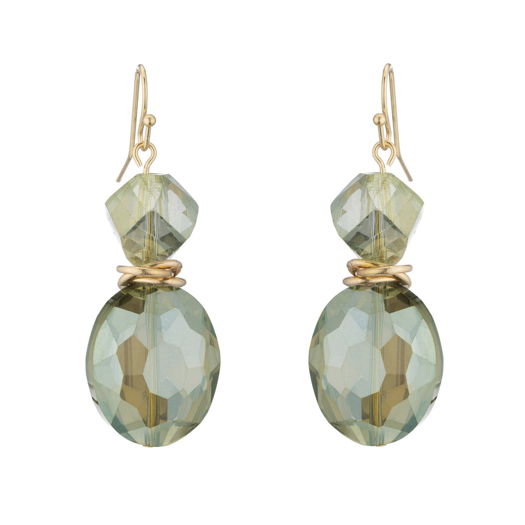 Olive Faceted Crystal Two Stone Matte Gold Earrings