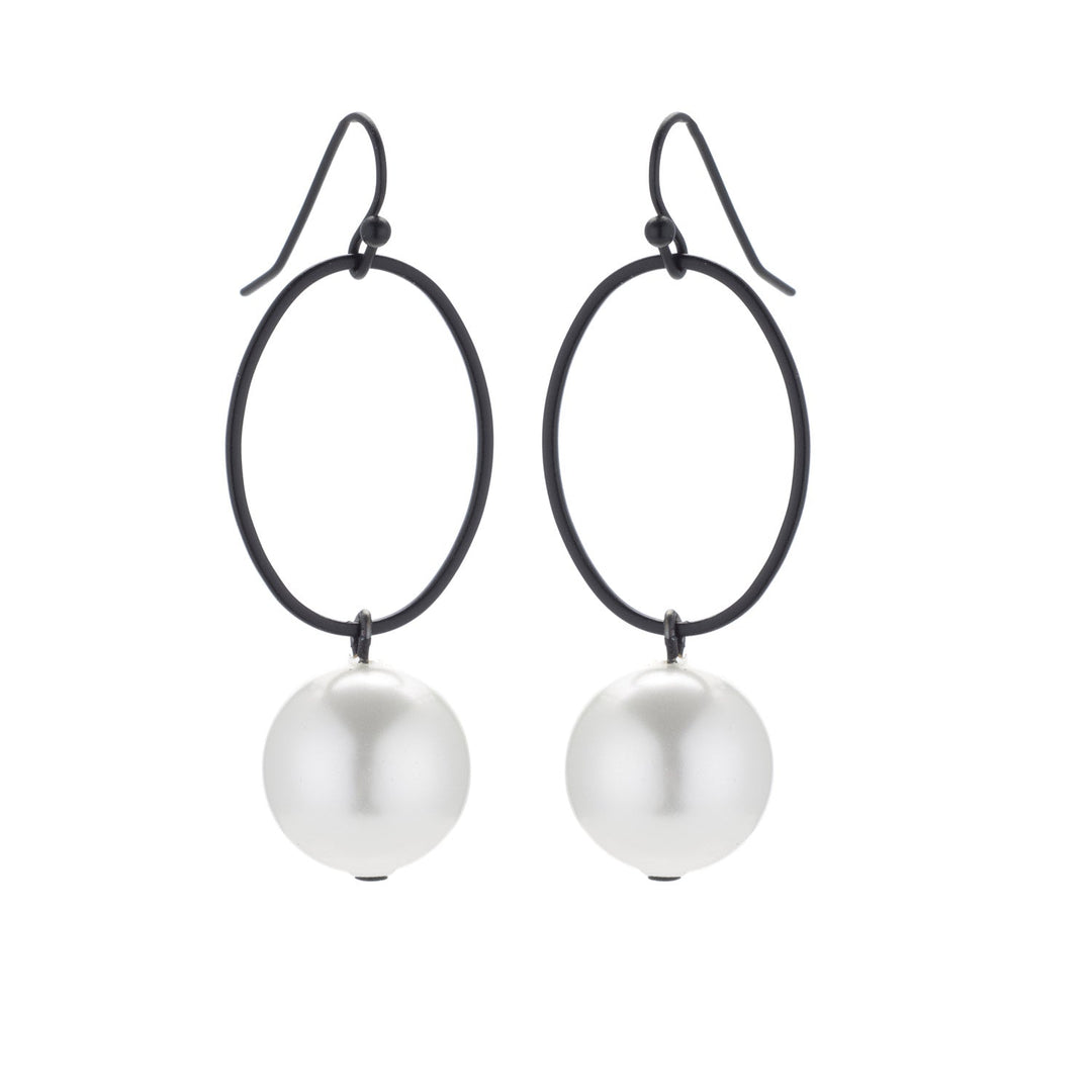 White Glass Pearl Matte Black Oval Loop Earrings