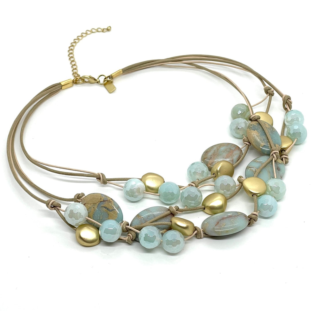 Blue Aqua Terra Jasper Aqua Glazed Agate Waxed Linen and Leather Toursade Necklace