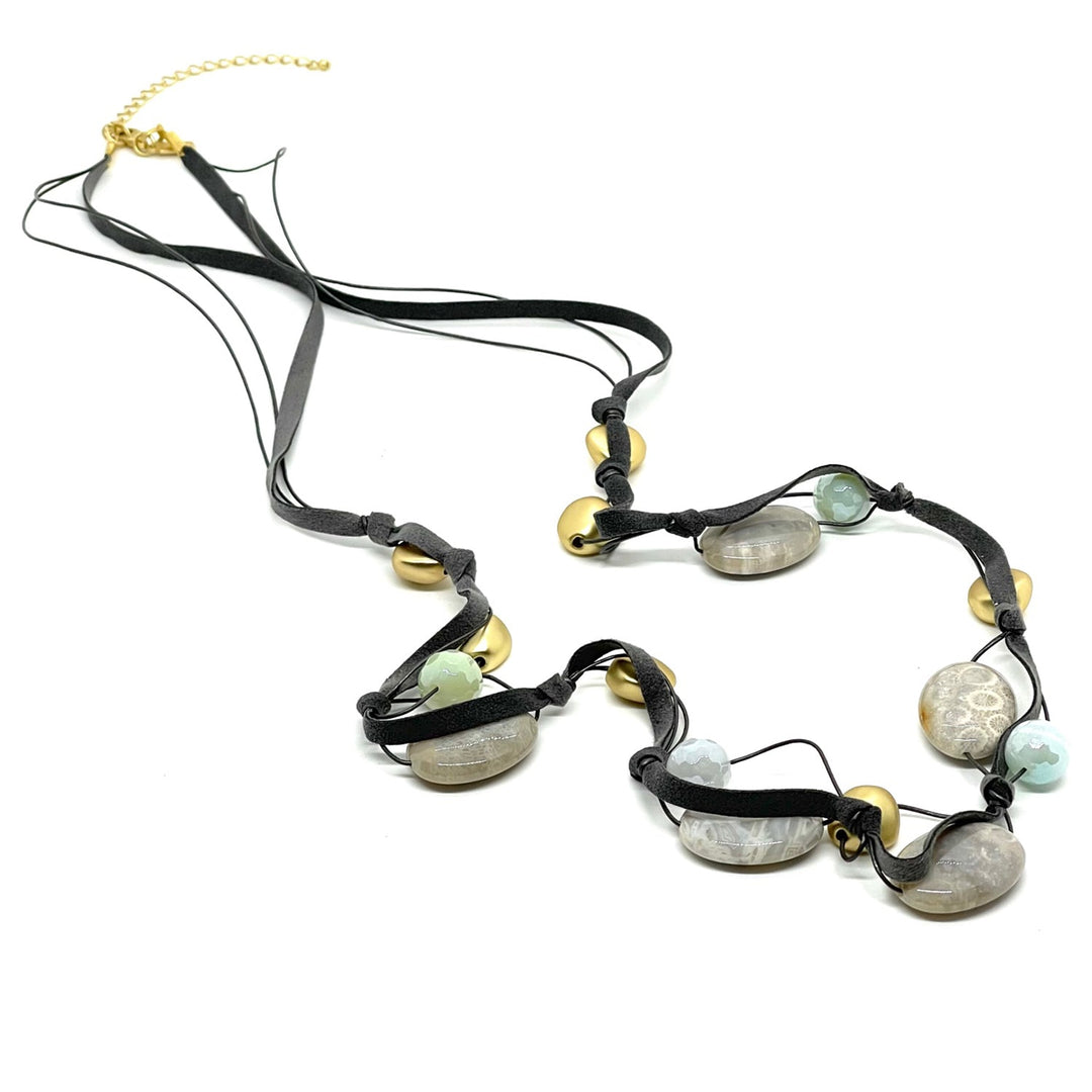Gray Fossil Coral With Aqua Agate Matte Gold Gray Suede Layer Necklace