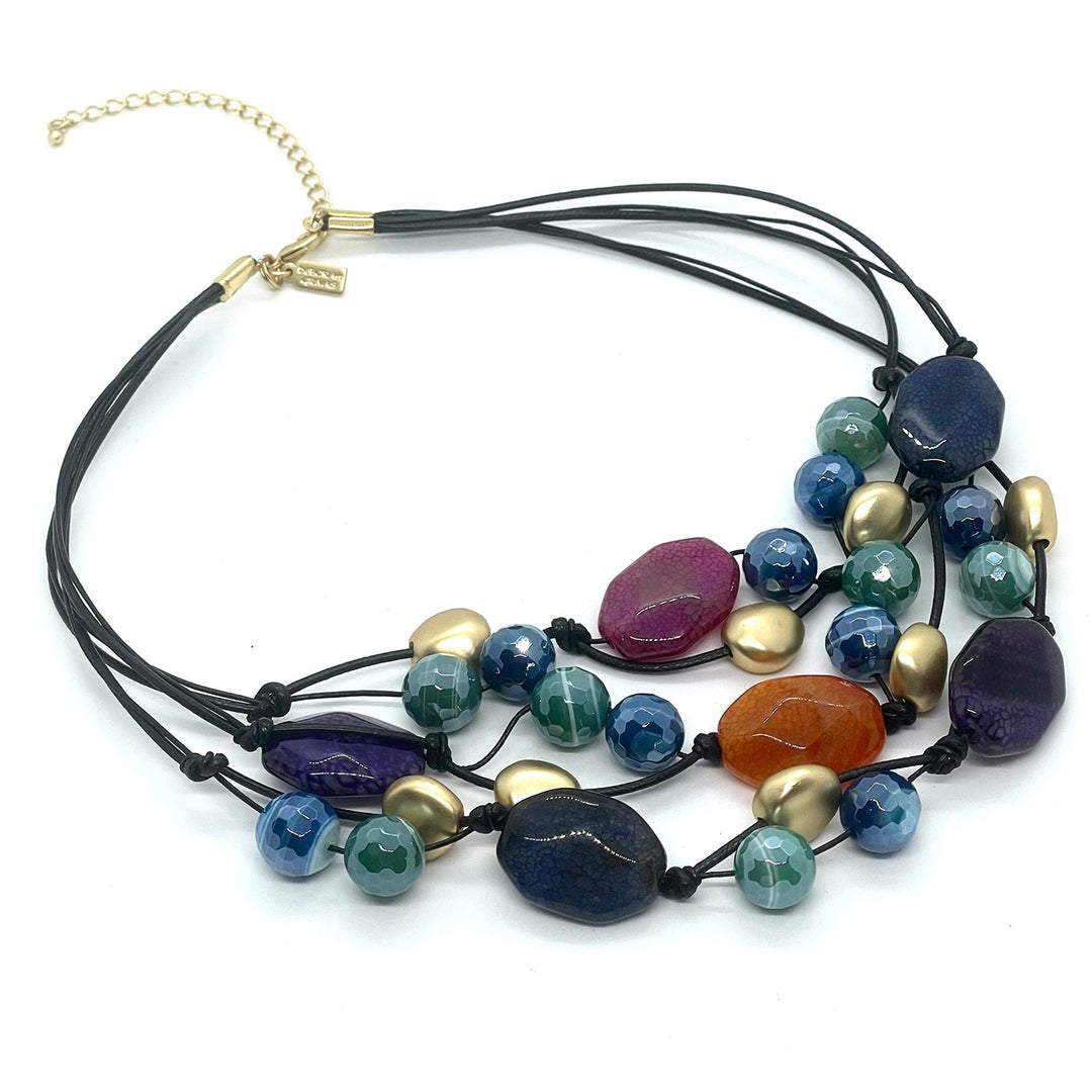 Multi Agate Torsade On Black Linen and Leather