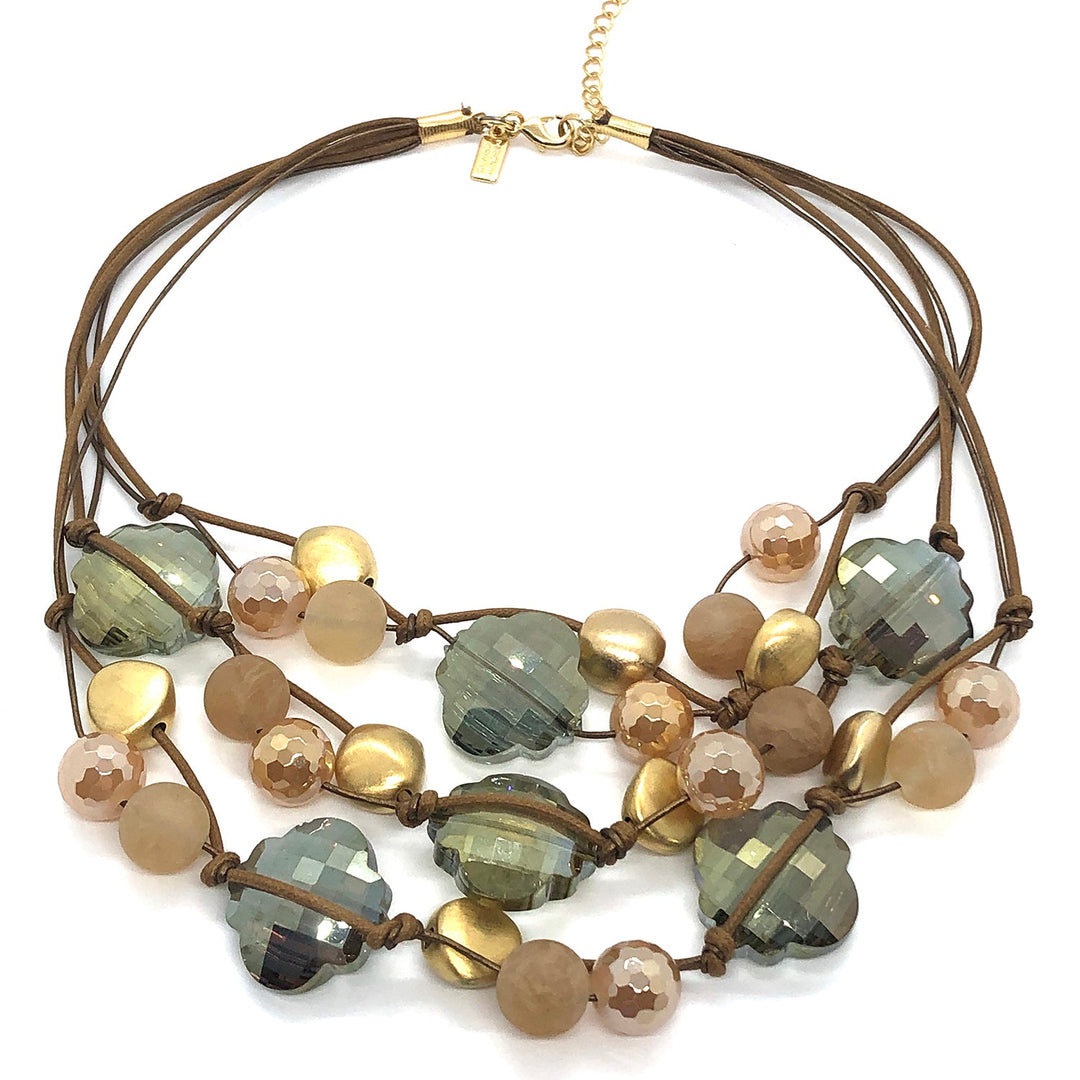 Olive Clover Shape Crystal with Matte Champagne Glazed Agate and Matte Gold Toursade Necklace