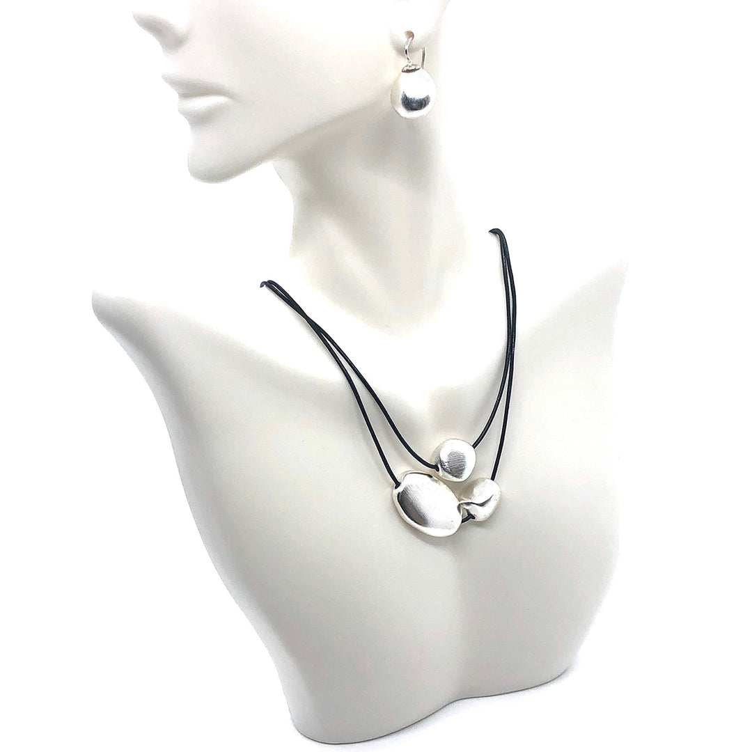 Matte Silver Bead Graduated Black Leather Necklace