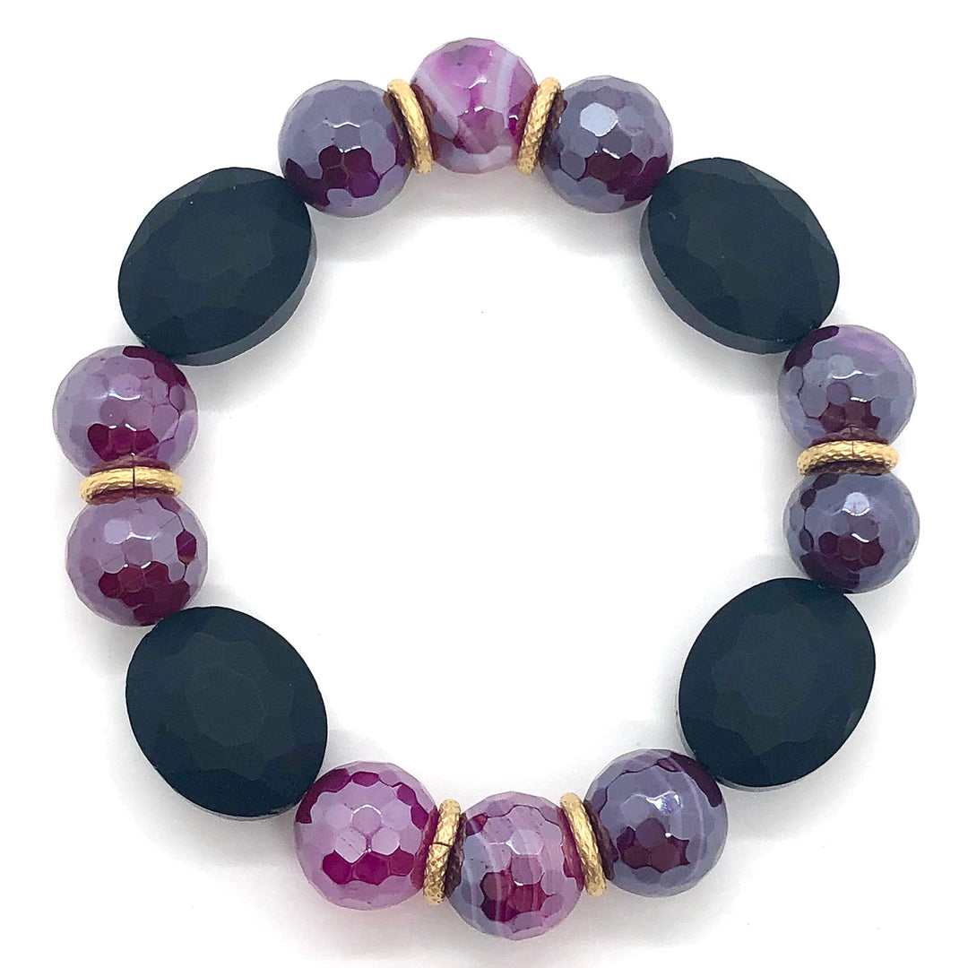 Magenta Agate,Matte Black Oval Crystal And With Matte Gold Roundels Stretch Bracelet
