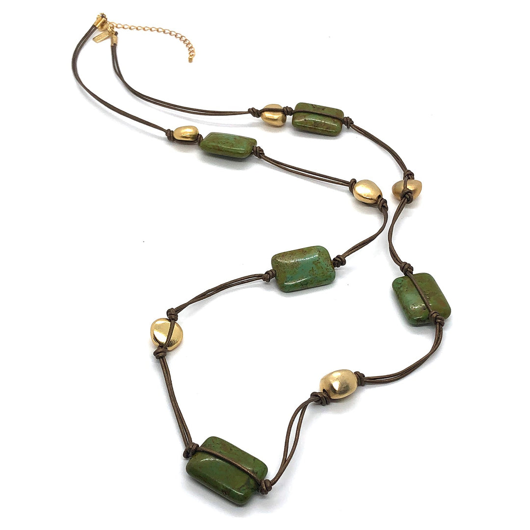 Rectangle Green Turquoise,Matte Gold Bead Bronze Leather Necklace
