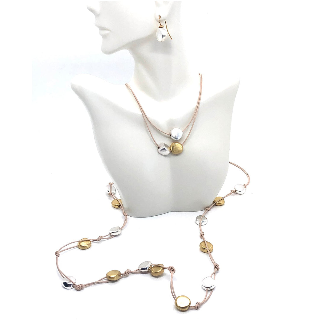 Mixed Metal Matte Silver And Gold 2 Strand Graduated Putty Leather Necklace