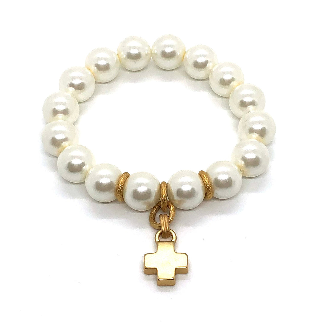 White Glass Pearl And Matte Gold Cross Charm Stretch Bracelet