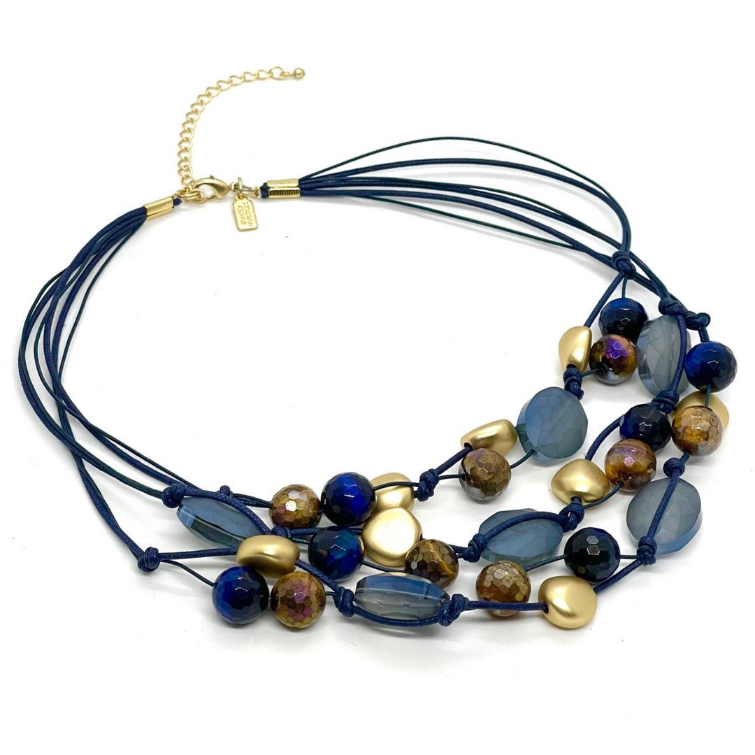 Matte Blue Crystal, Blue, And Brown Tigers Eye With Matte Gold Beads Torsade Necklace