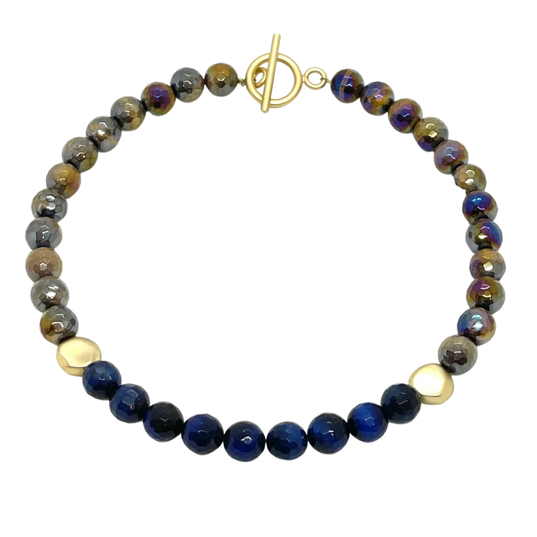 Brown Tigers Eye With Blue Tigers Eye And Gold Bead Front Accent Necklace