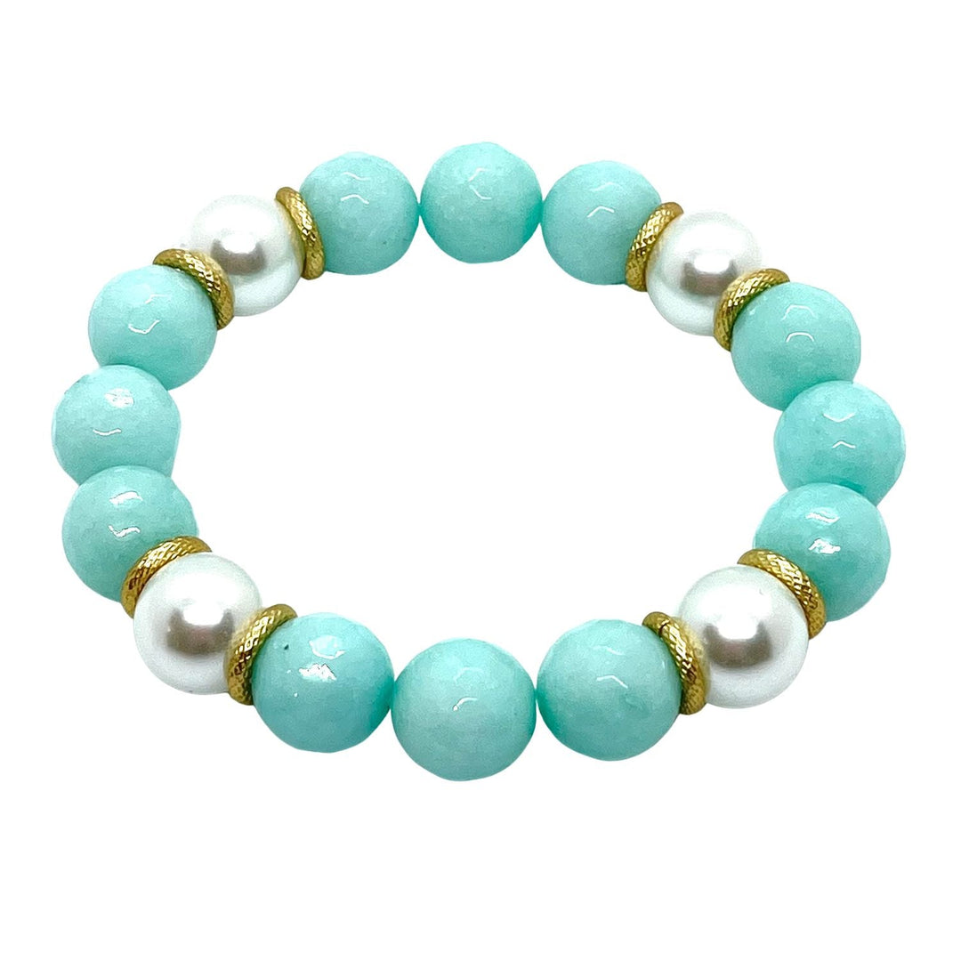 Aqua Jade and Glass Pearl Stretch Bracelet