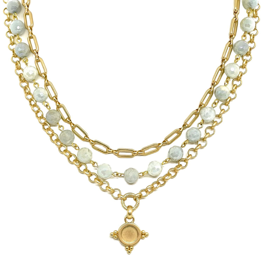 Aqua Glazed Agate And Matte Gold Multi Chain Necklace