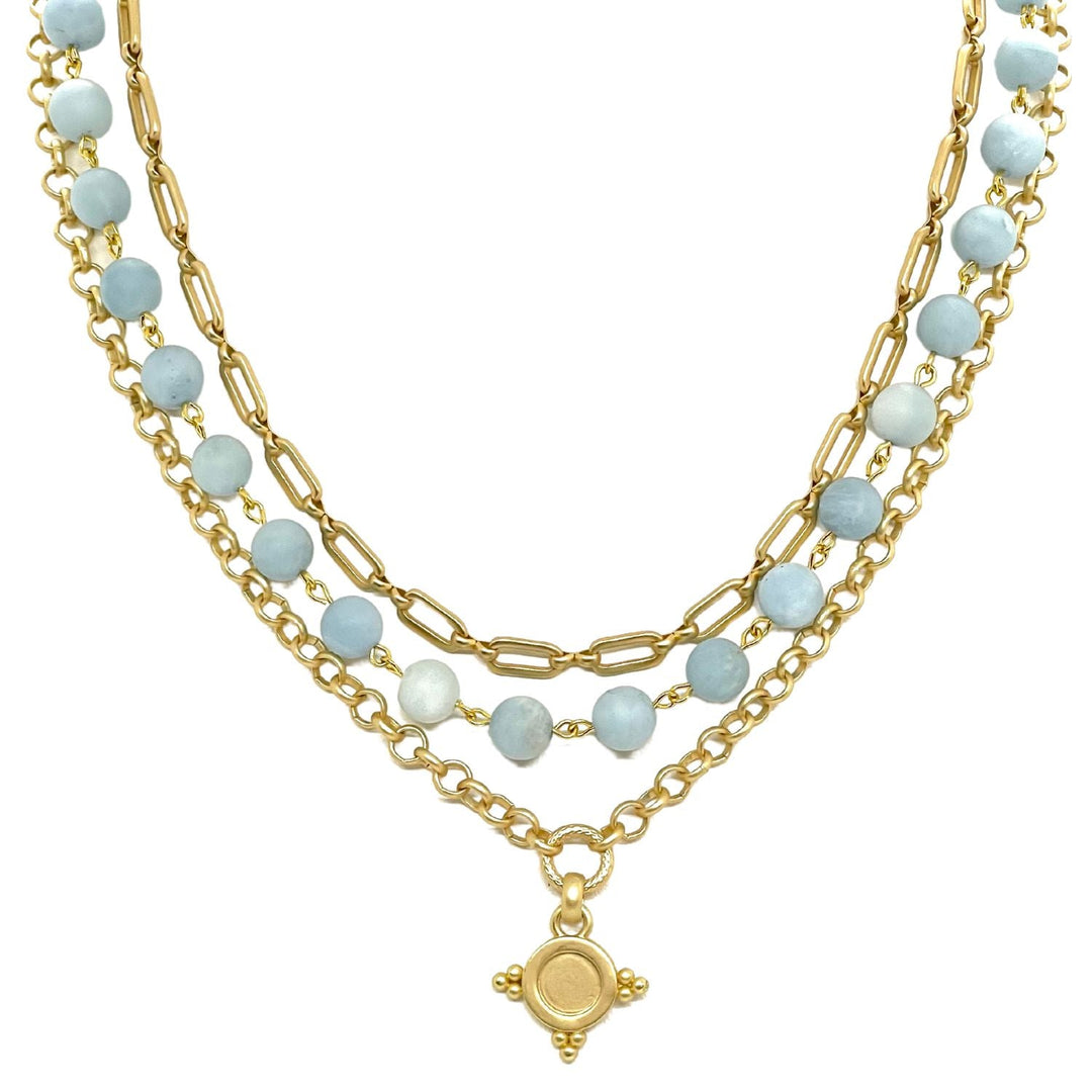Matte Aquamarine And Matte Gold Multi Chain Necklace