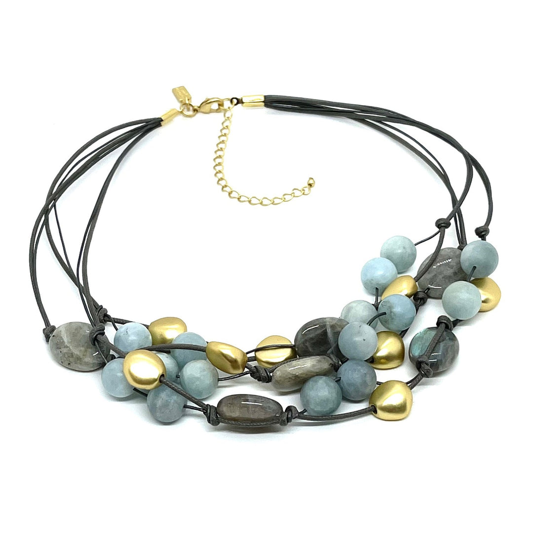 Natural Labradorite And Matte Aquamarine Matte Gold Bead Torsade Necklace