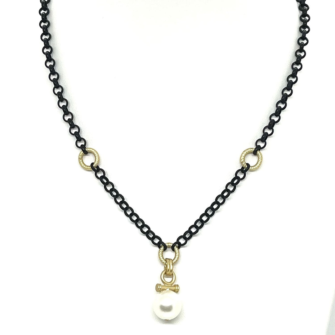 White Pearl Bar Pendant on Matte Black and Matte Gold Chain