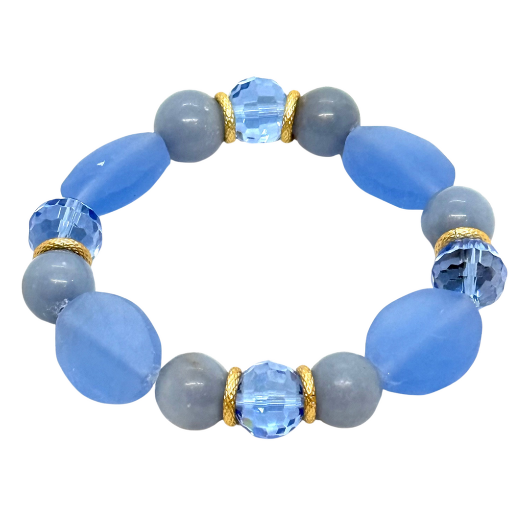 Matte Light Blue Crystal Oval And Blue Jade Stretch Bracelet