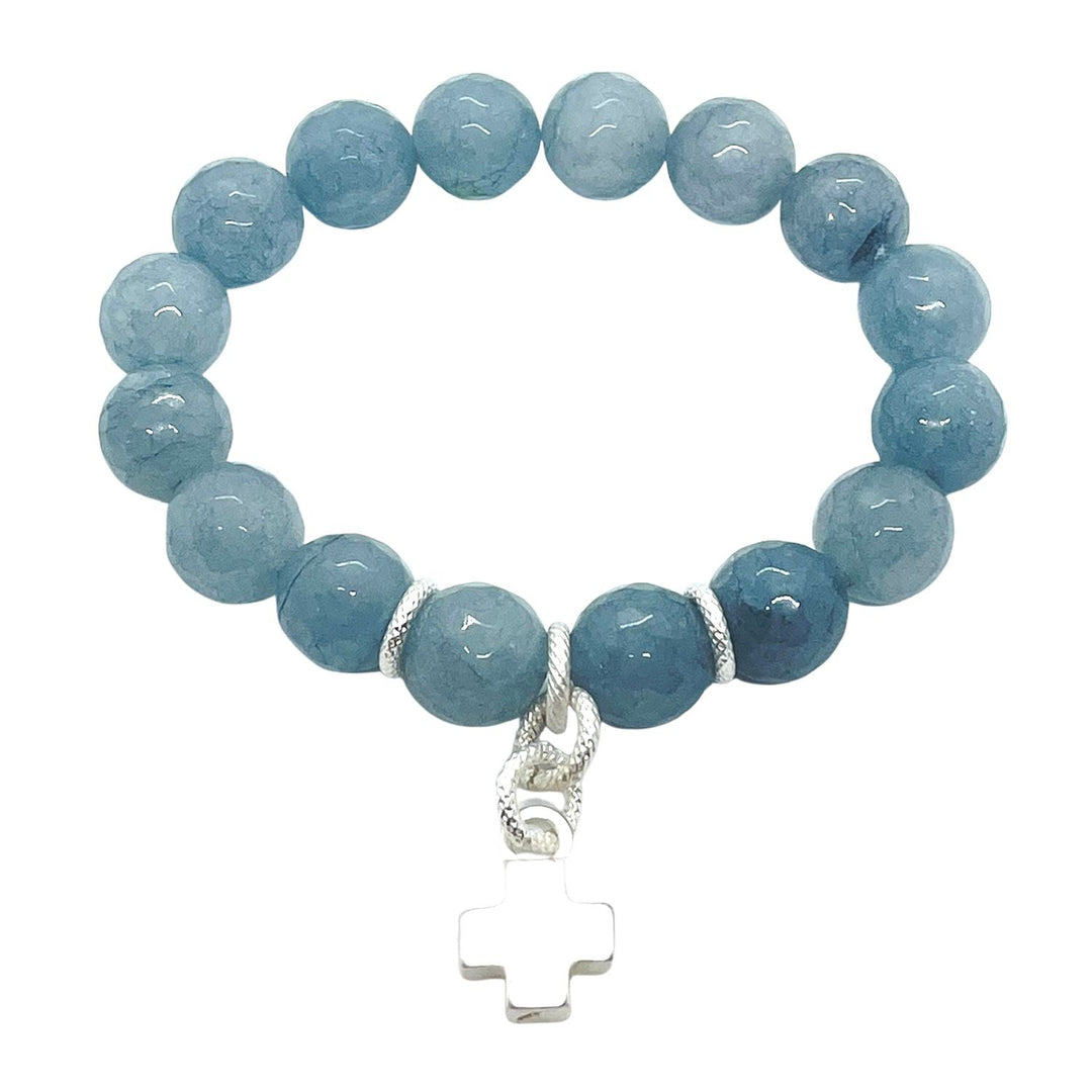 Blue Angelite And Matte Silver Cross Charm Stretch Bracelet