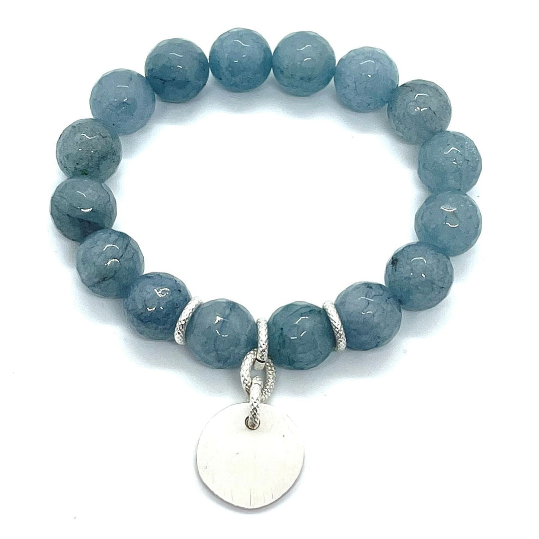 Blue Angelite And Matte Silver Stretch Bracelet With Charm