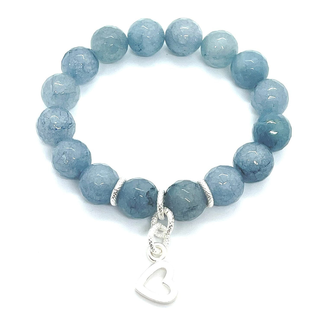 Blue Jade And Matte Silver Stretch Bracelet With Heart Charm