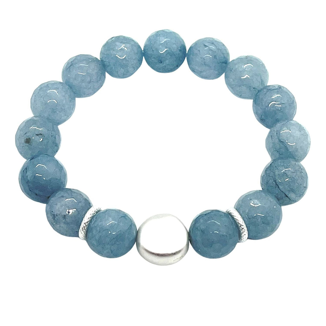 Blue Jade And Flat Matte Silver Bead Stretch Bracelet