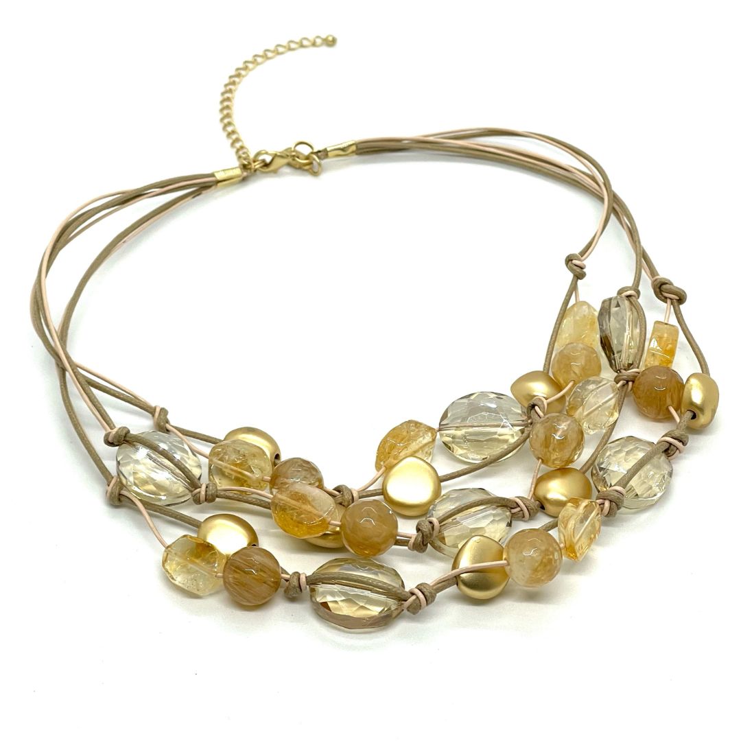Citrine Quartz And Champagne Crystal Natural Linen and LeatherTorsade Necklace