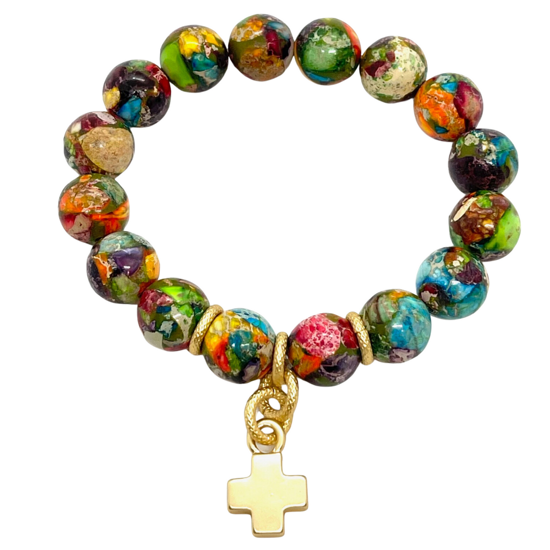 Confetti Jasper Stretch Bracelet With Matte Gold Cross Charm