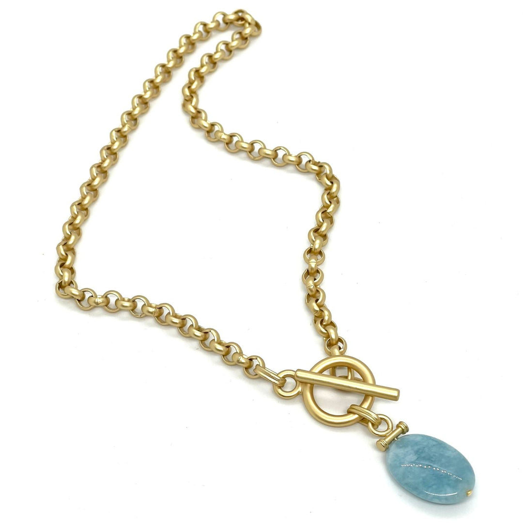 Oval Larimar Stone Pendant on Matte Gold Rolo Chain