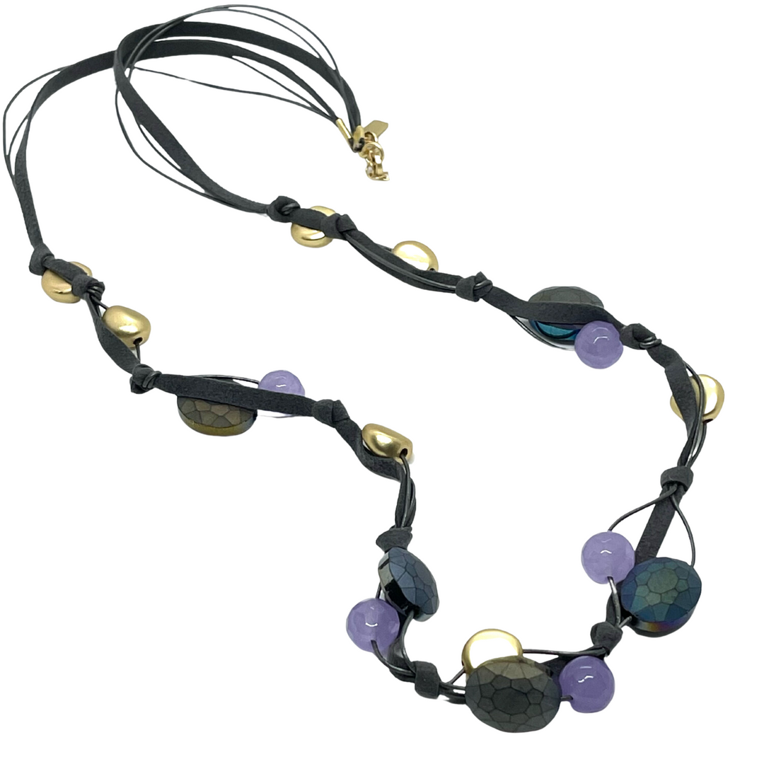 Matte Gray Crystal and Lavender Jade Long Neck on Gray Leather and Suede