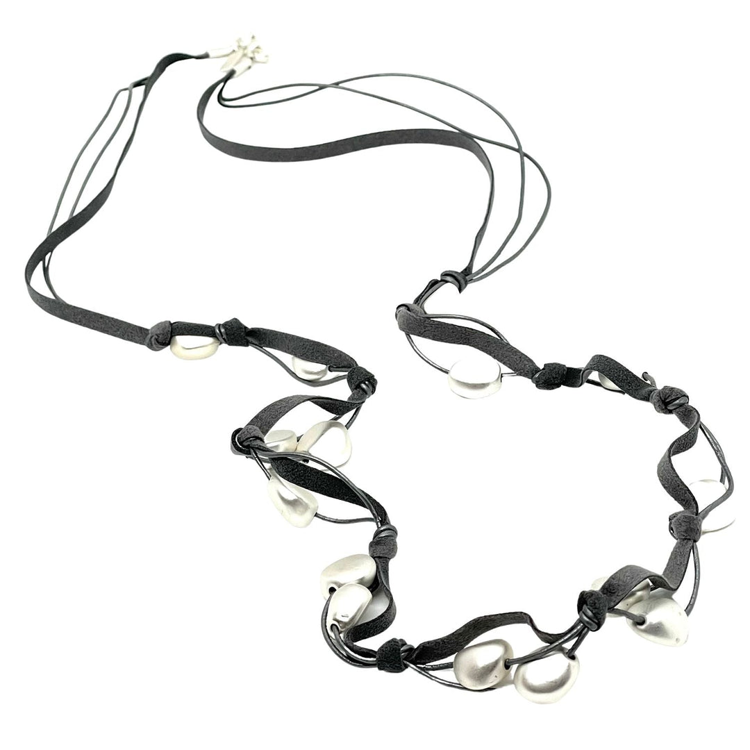 Matte Silver Bead On Grey Suede and Leather Long Necklace