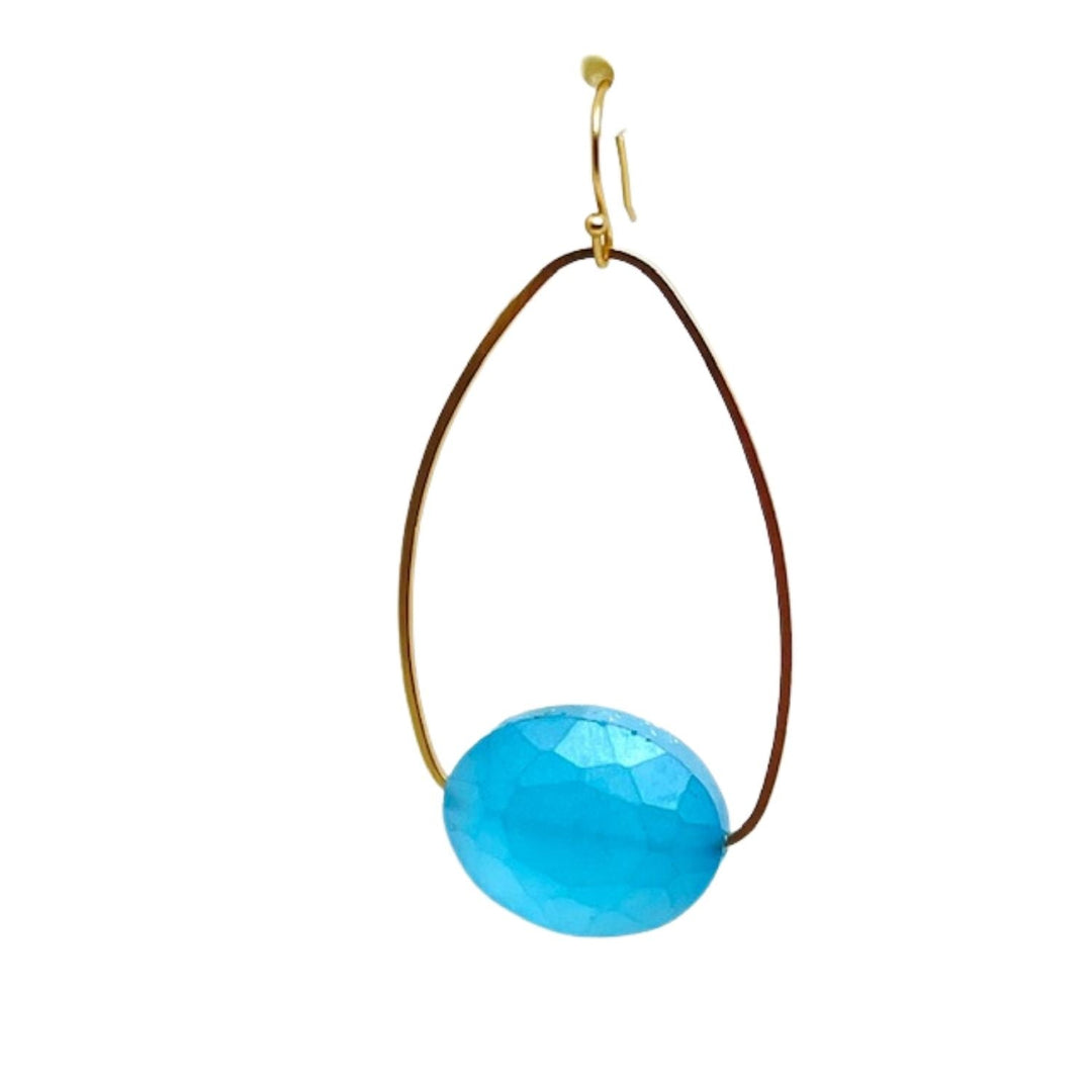 Matte Aqua CrystaL Inset Matte Gold Oval Earrings