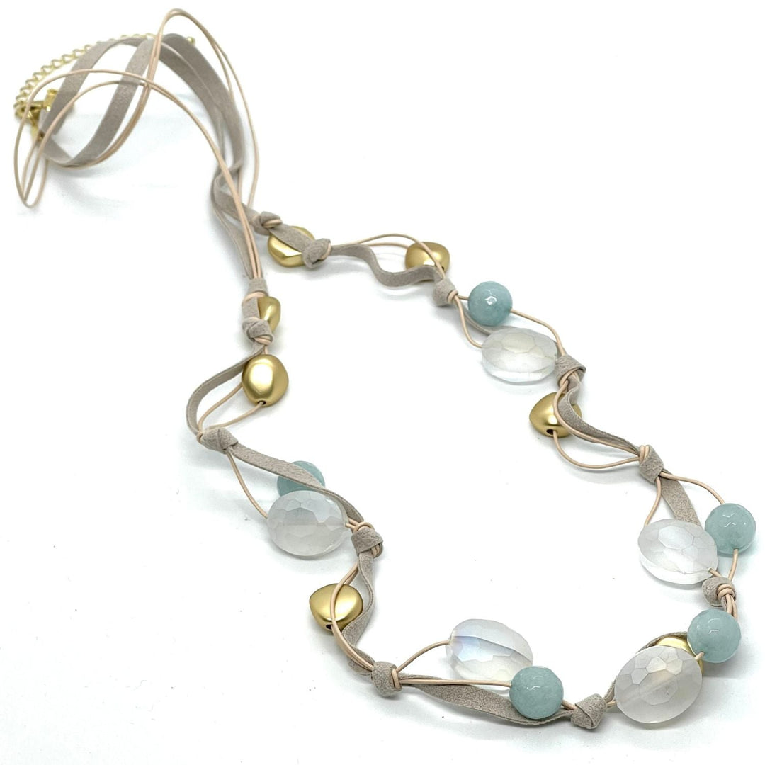 Matte White Crystal And Amazonite Jade Long Necklace