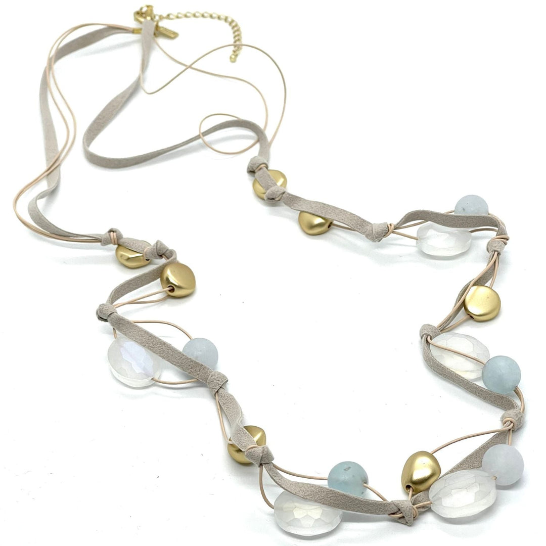 Matte Aquamarine And Matte White Crystal Long Necklace