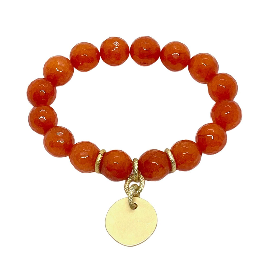 Orange Jade Stretch Bracelet With Matte Gold Charm